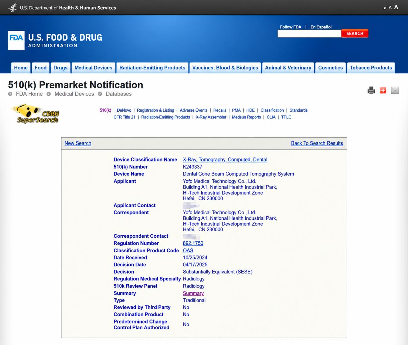 FDA 510(k) record for YOFO Medical’s Dental Cone Beam Computed Tomography System, K243337